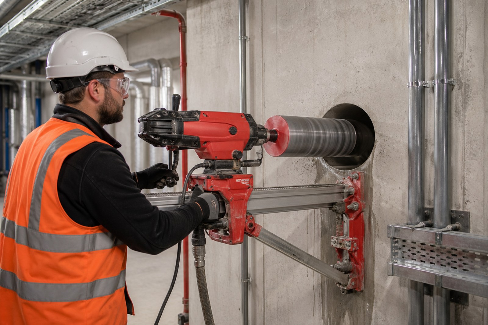 Technician using a mounted diamond core drill on a concrete wall in a service corridor.