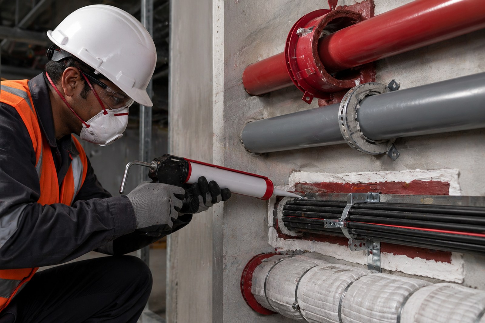 Technician applying firestop sealant around pipes and cable penetrations in a wall.
