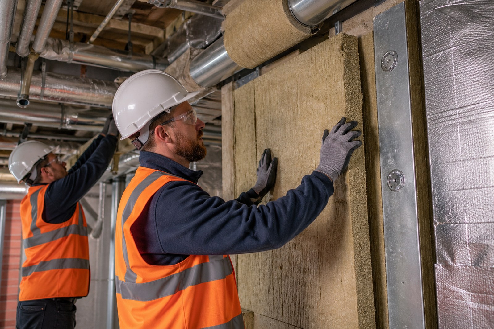 Workers installing mineral wool insulation panels in a technical plant room.