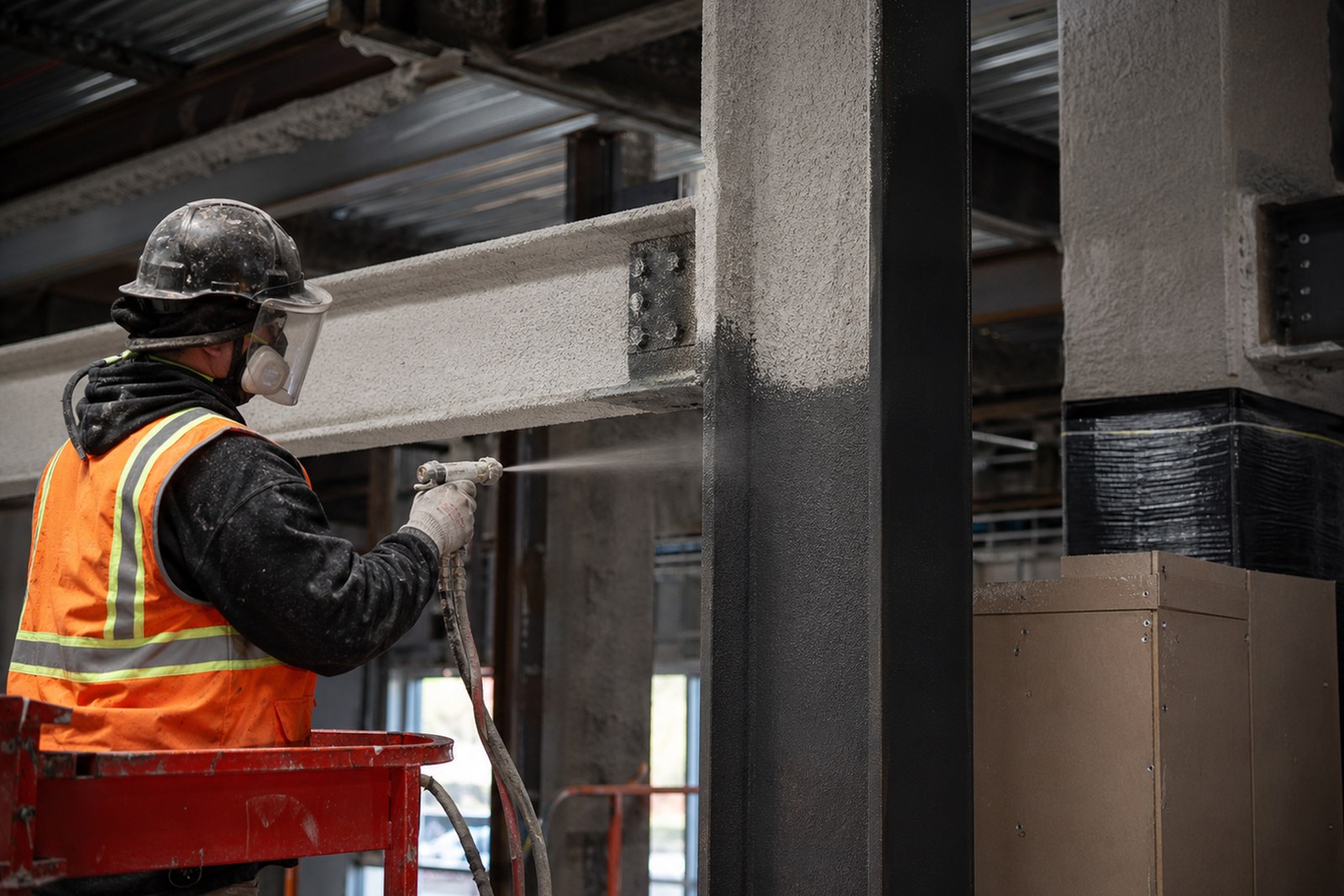 Worker applying fireproofing to structural steel inside a commercial construction site.
